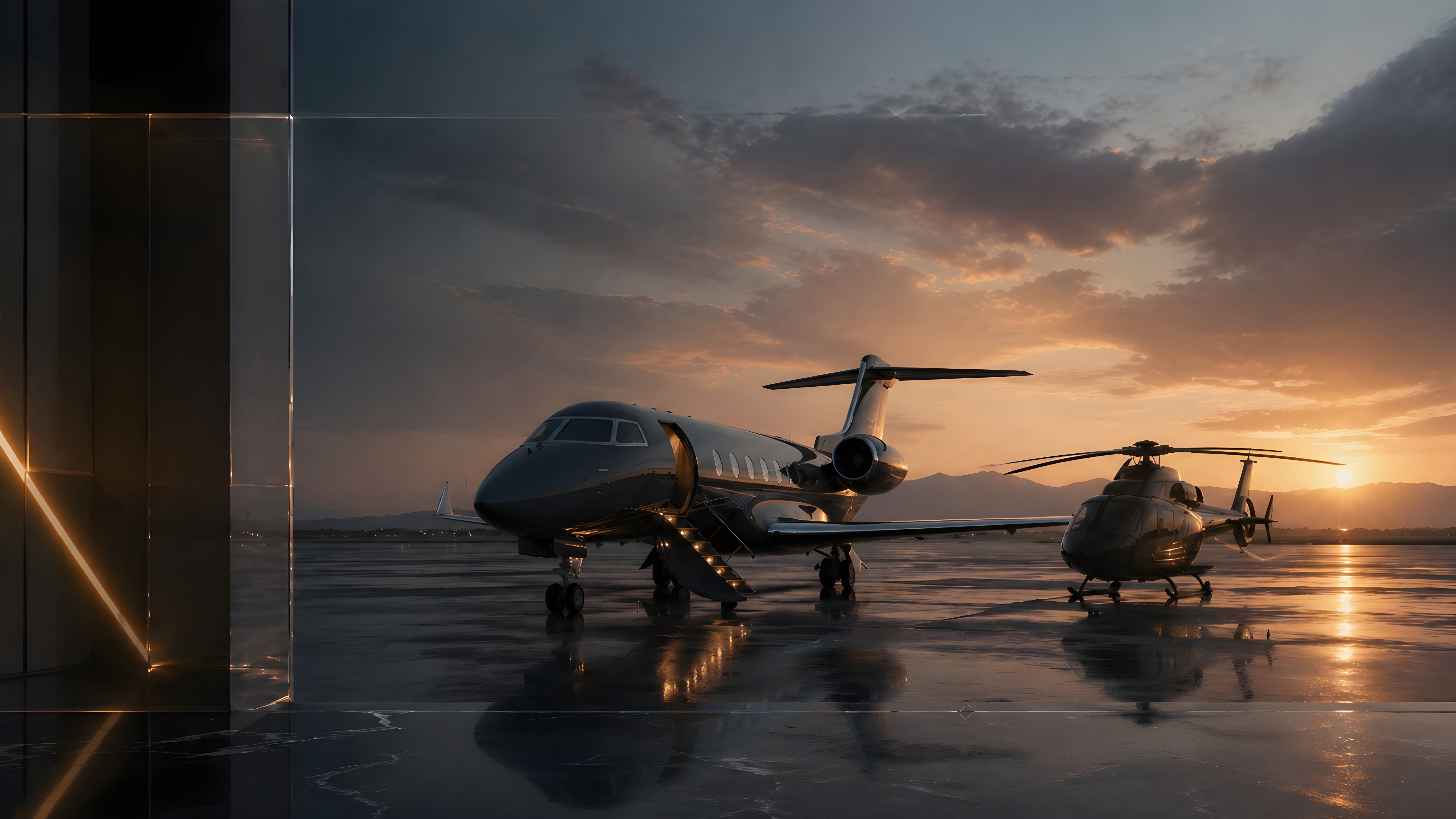 Private jet on a wet hangar apron at sunset for Jets & Rotors private aviation